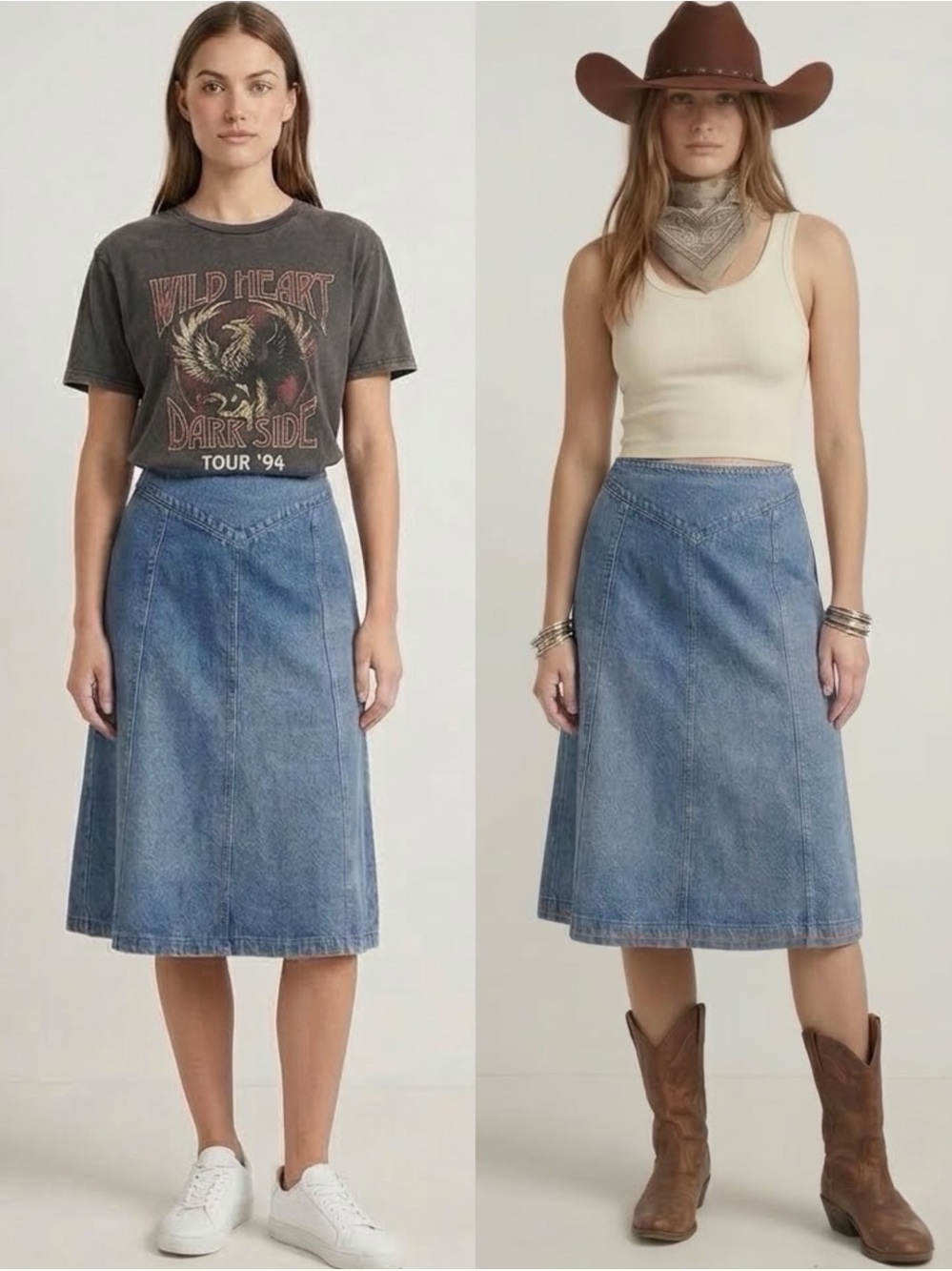 Vtg 90s The Paragon Western Basque Waist Denim Midi Skirt Curvy Small A-Line Y2K